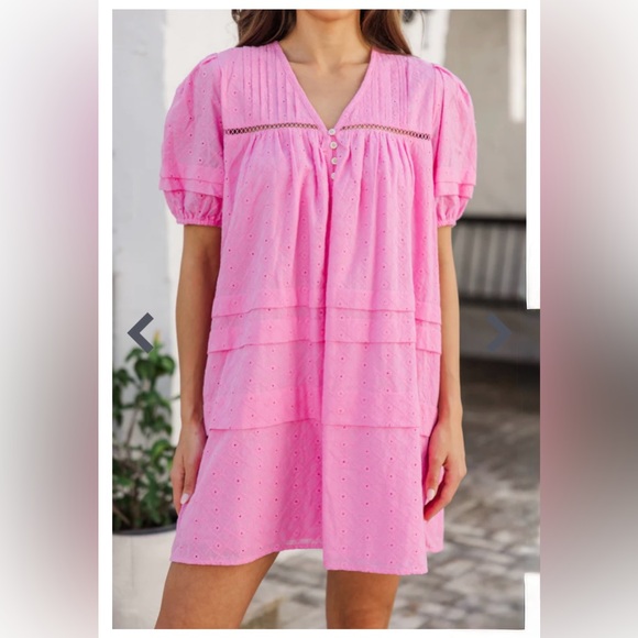 Pink Eyelet Short Dress | XL | Bubble Sleeves | Pleated | NWT - Picture 2 of 11